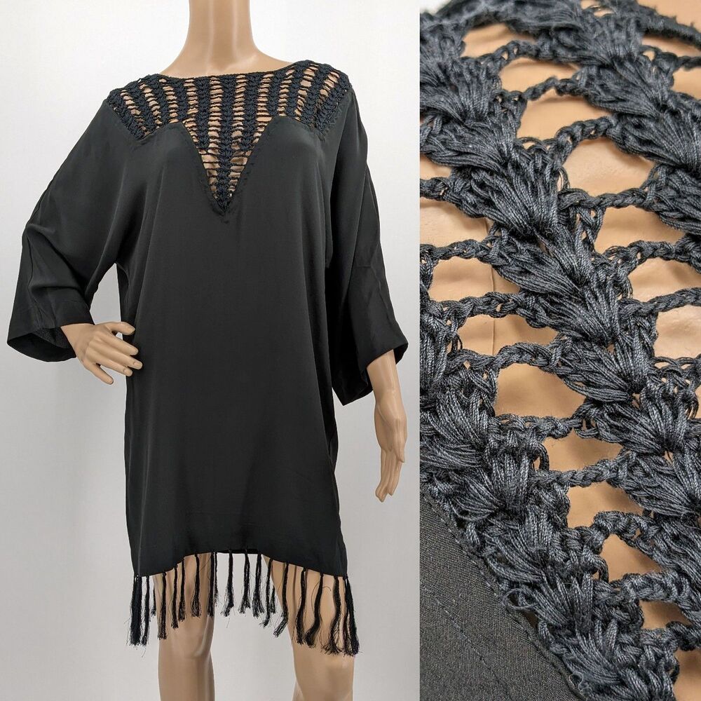 Acacia Silk Swimwear Mini Dress Fringe Crochet Minimalist Beach Swimsuit XS